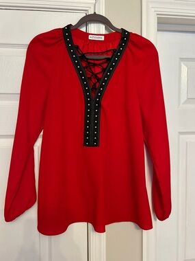 Altuzarra Red Long-Sleeve Lace-Up Top with Black Stud Trim